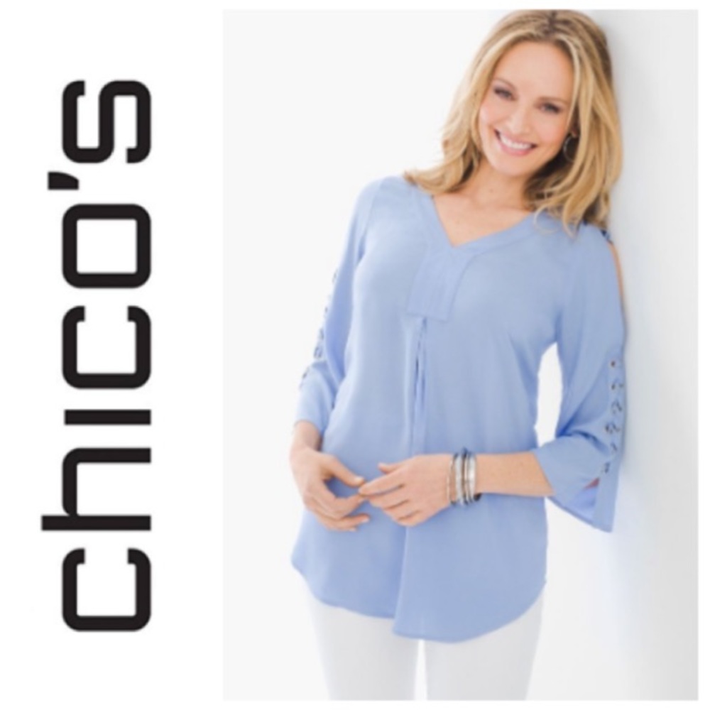 Chicos Lace-Up Cold-Shoulder Top in ‘calm blue’